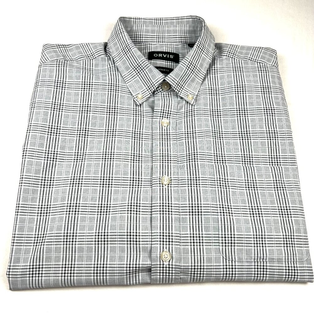 Orvis Mens Active Fit Gray Plaid Dress Shirt XXL Button-Down Collar Polyester